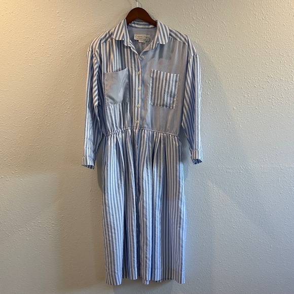 Dresses & Skirts - Vintage Blue Striped Shirt Dress California Design by Dorothy Samuel